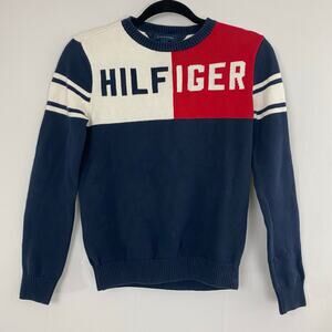 Tommy Hilfiger L (12-14) Navy Red Colorblock Sweater Logo Pullover Long Sleeve